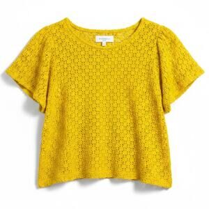 Madewell Texture & Thread Women's Small Yellow Knit Eyelet Flutter Sleeve Blouse